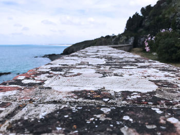 Surface level of rocks on shore against sky