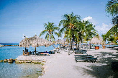 Palm trees on beach against sky