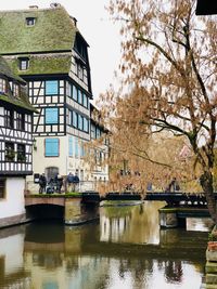 Reflection of trees and buildings in canal