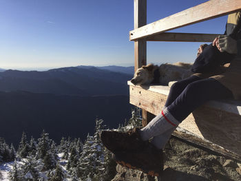 Low section of man with dog sitting by railing in balcony