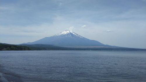 Scenic view of snowcapped mountain over blue lake.