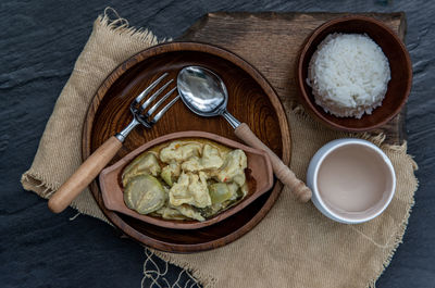 High angle view of breakfast on table