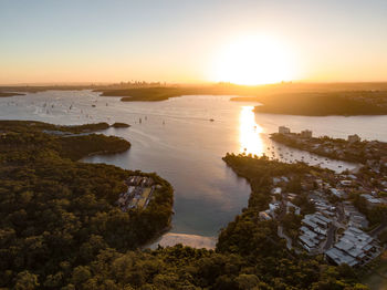 Drone evening view of manly, a beach-side suburb of northern sydney, in new south wales, australia.