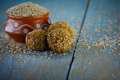 Close-up of wheat on table