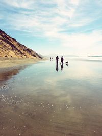 People with dog standing on shore at beach against sky