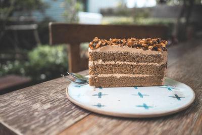 Close-up of cake in plate on table