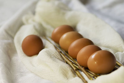 High angle view of eggs in container