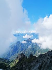 Aerial view of snowcapped mountain against cloudy sky