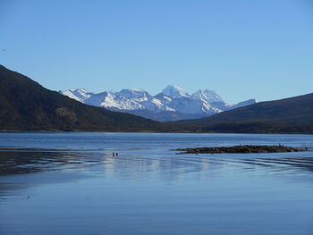 Scenic view of lake and mountains against clear blue sky