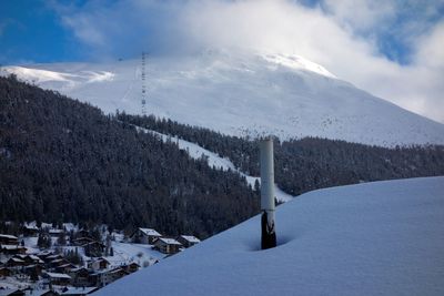 Snow covered land against sky