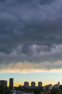 City skyline against cloudy sky