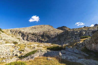 Scenic view of mountains against blue sky