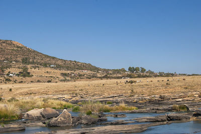 Scenic view of land against clear blue sky