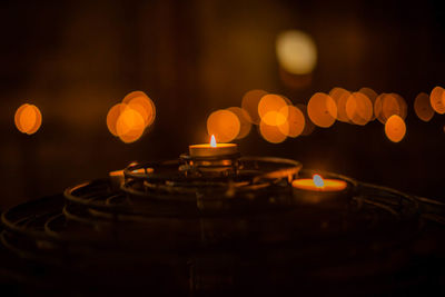 Close-up of lit candle against blurred background