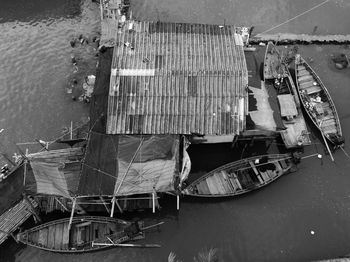 High angle view of boats moored in water