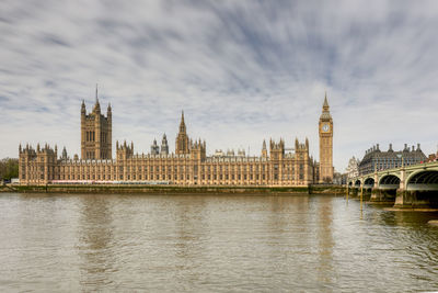 Buildings by river against cloudy sky