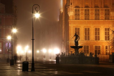 Statue in city at night