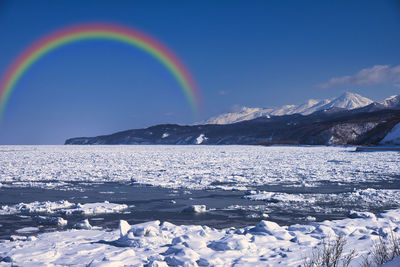 Scenic view of rainbow over mountains against sky