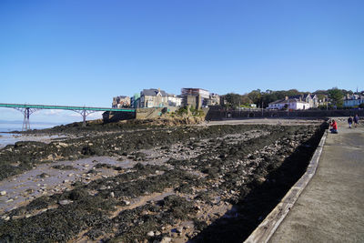 Panoramic view of railroad tracks against clear blue sky