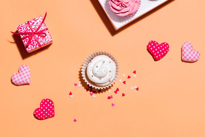 High angle view of cupcakes on table