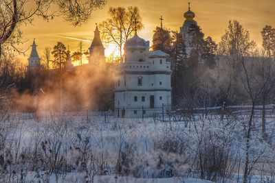 Panoramic view of trees and buildings against sky during winter