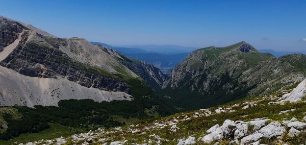Scenic view of snowcapped mountains against clear sky
