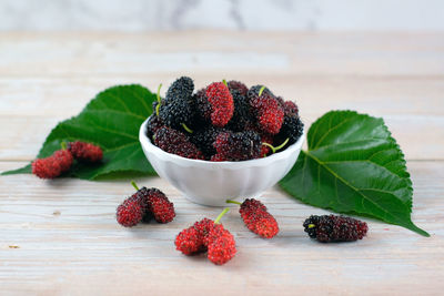 Close-up of strawberries in bowl on table