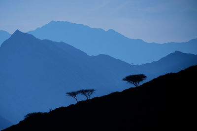 Scenic view of silhouette mountains against clear sky