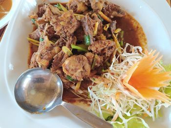 High angle view of meal served on table