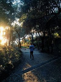 Rear view of women walking on footpath amidst trees