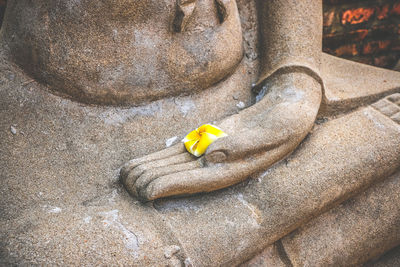 High angle view of yellow statue on rock