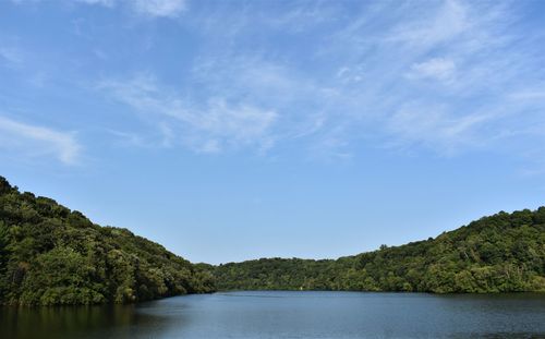 Scenic view of river amidst trees against blue sky