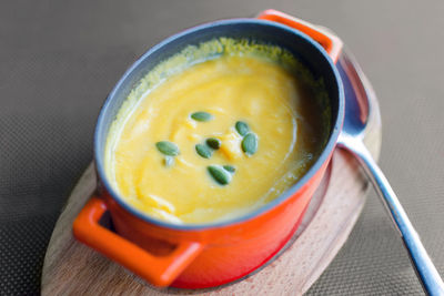 High angle view of soup in bowl