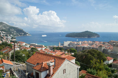 High angle view of sea and cityscape against sky