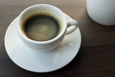 High angle view of coffee cup on table