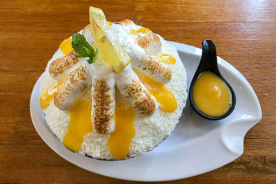 High angle view of breakfast served on table