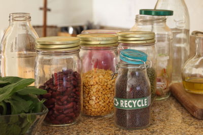 Close-up of food in jars on table