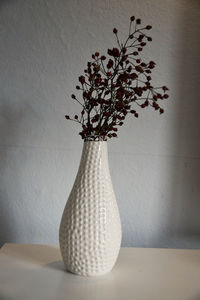 Close-up of white flower vase on table against wall at home