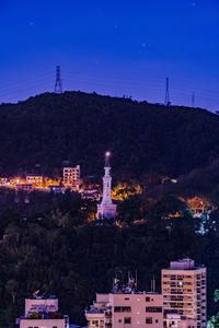 High angle view of illuminated buildings against sky at dusk