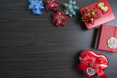 High angle view of christmas decorations on table