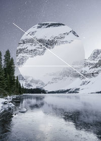 Digital composite image of snowcapped mountains and lake against sky