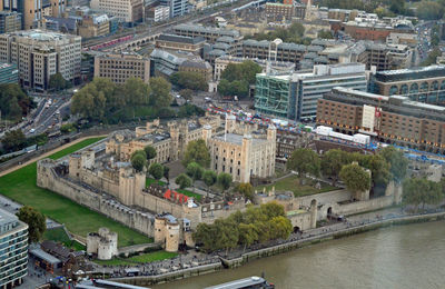 High angle view of buildings in city