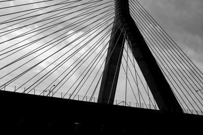 Low angle view of suspension bridge against sky