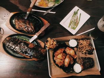 High angle view of food in plate on table