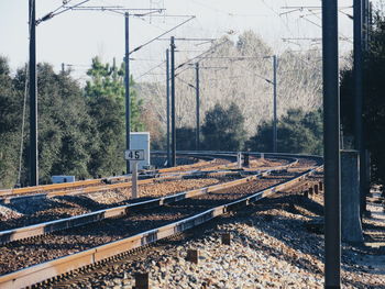 Railroad tracks seen through train windshield