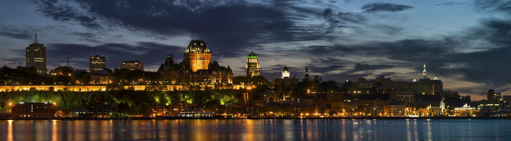 View of city lit up at night