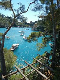 High angle view of boats moored in lake against sky