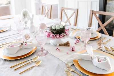 Easter tablescape with pink touches and eggs