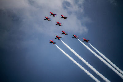 Low angle view of airshow against sky