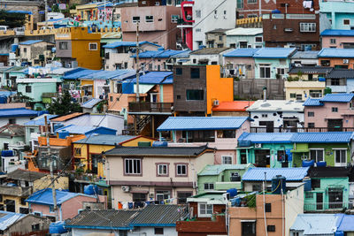 High angle view of buildings in city